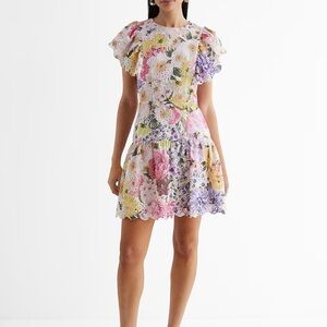 Express Floral Eyelet Flutter Sleeve Mini Fit and Flare Dress